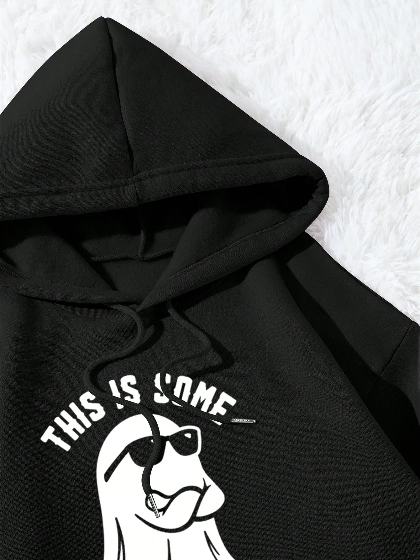 Ghost & Slogan Graphic Kangaroo Pocket Drawstring Thermal Hoodie FW23