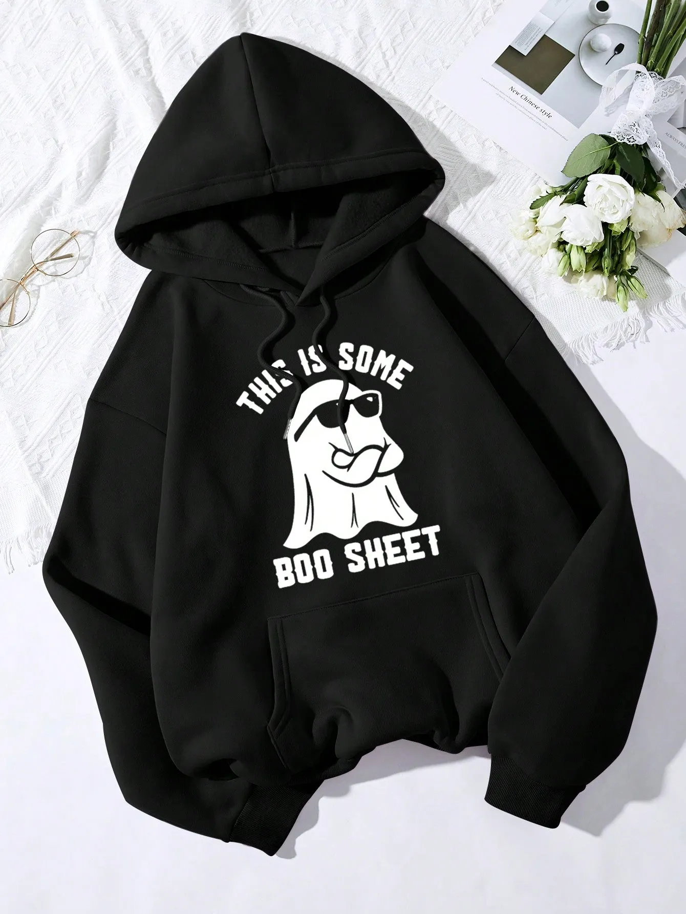 Ghost & Slogan Graphic Kangaroo Pocket Drawstring Thermal Hoodie FW23