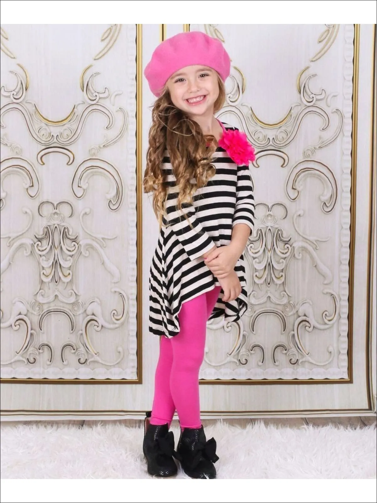 Girls Black And Hot Pink Hi-Lo Tunic with Legging Set