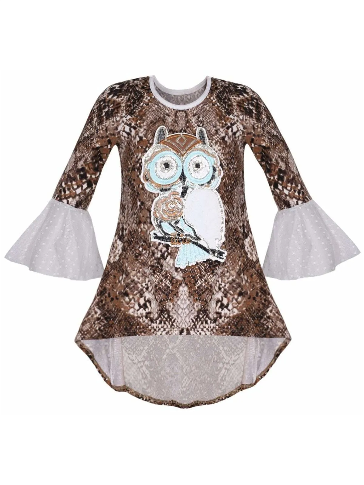 Girls Flared Long Sleeve Hi-Lo Sequin Appliqued Tunic