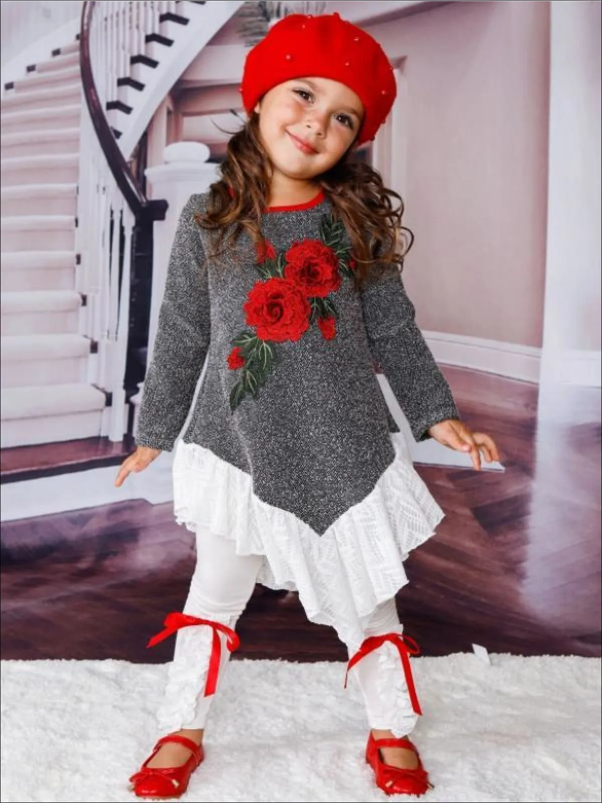 Girls Long Sleeve Ruffled Tunic with Flower Applique And Matching Bow Legging Set