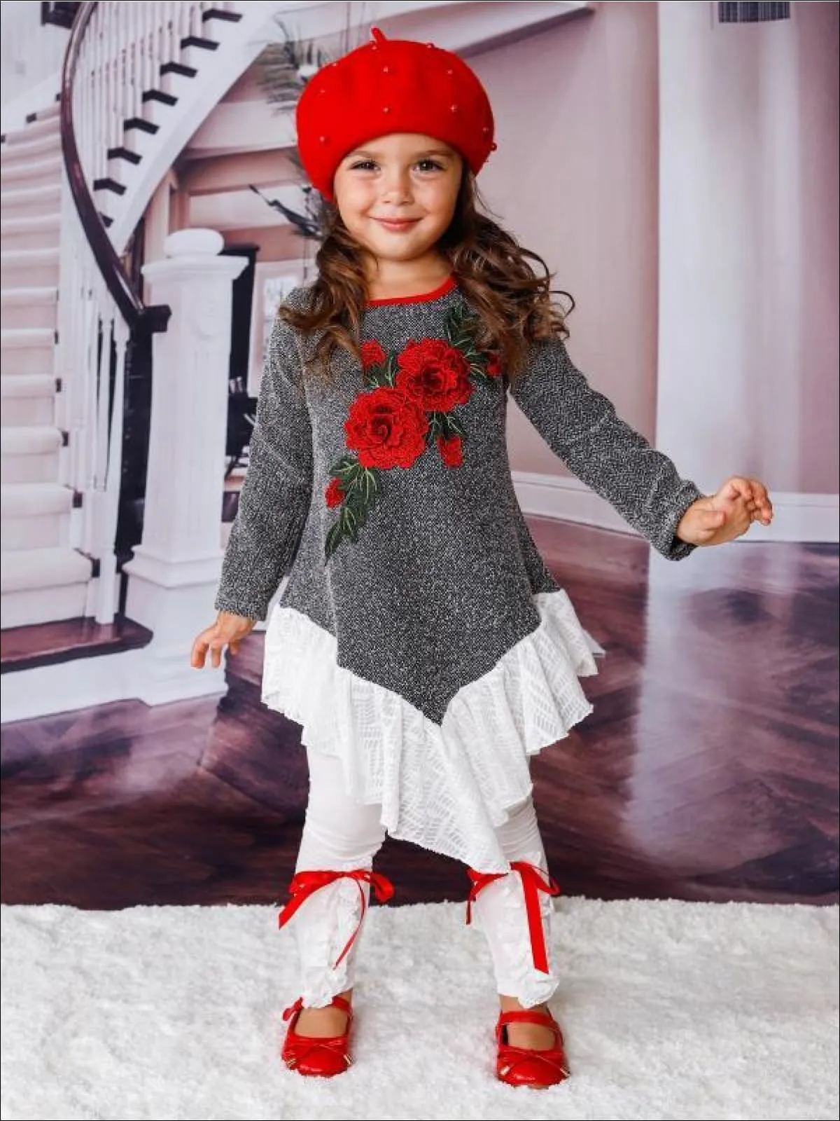 Girls Long Sleeve Ruffled Tunic with Flower Applique And Matching Bow Legging Set