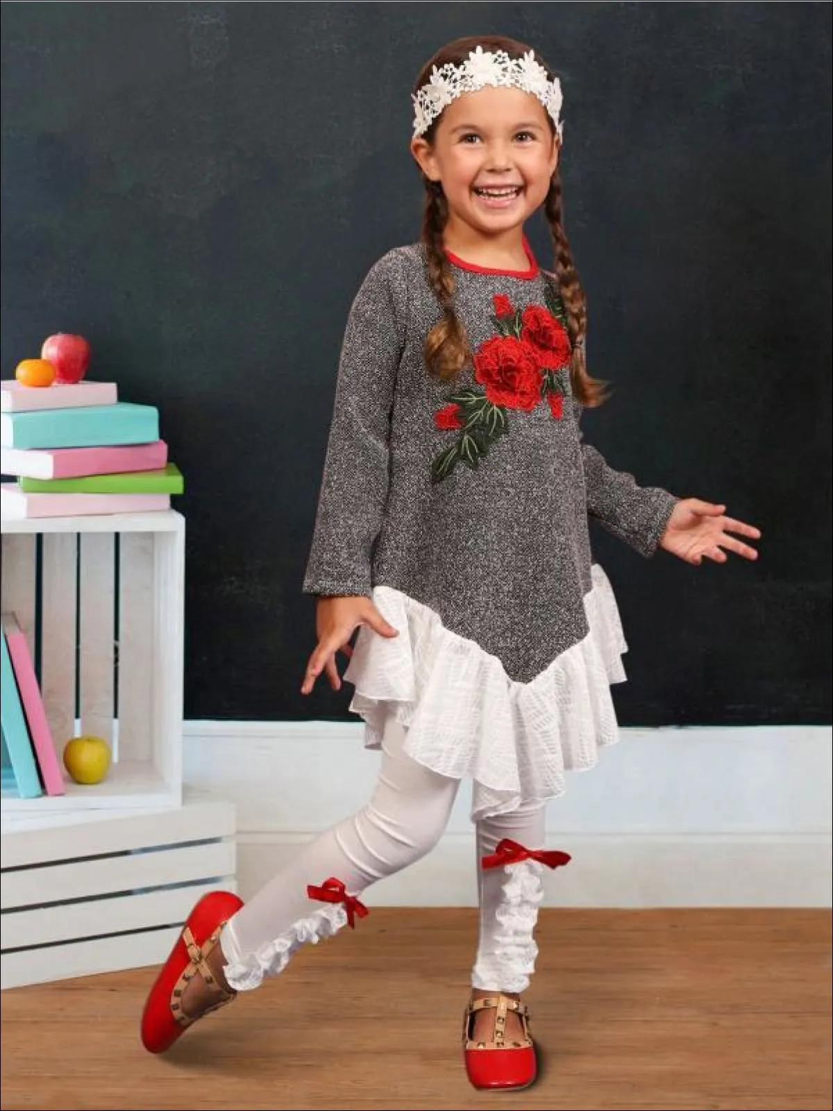 Girls Long Sleeve Ruffled Tunic with Flower Applique And Matching Bow Legging Set