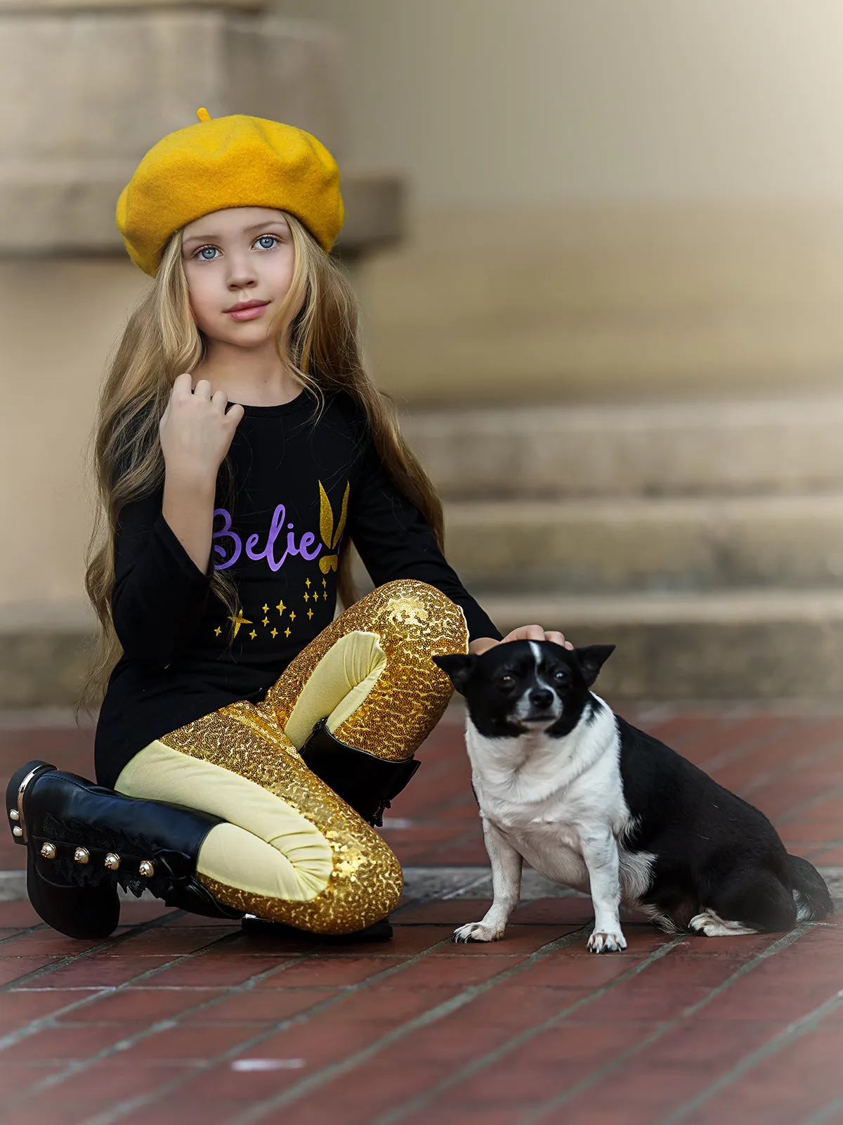 Girls "Believe" Bunny Long Sleeve Tunic And Sequin Legging Set