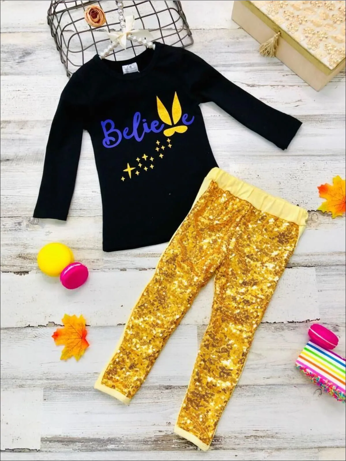 Girls "Believe" Bunny Long Sleeve Tunic And Sequin Legging Set