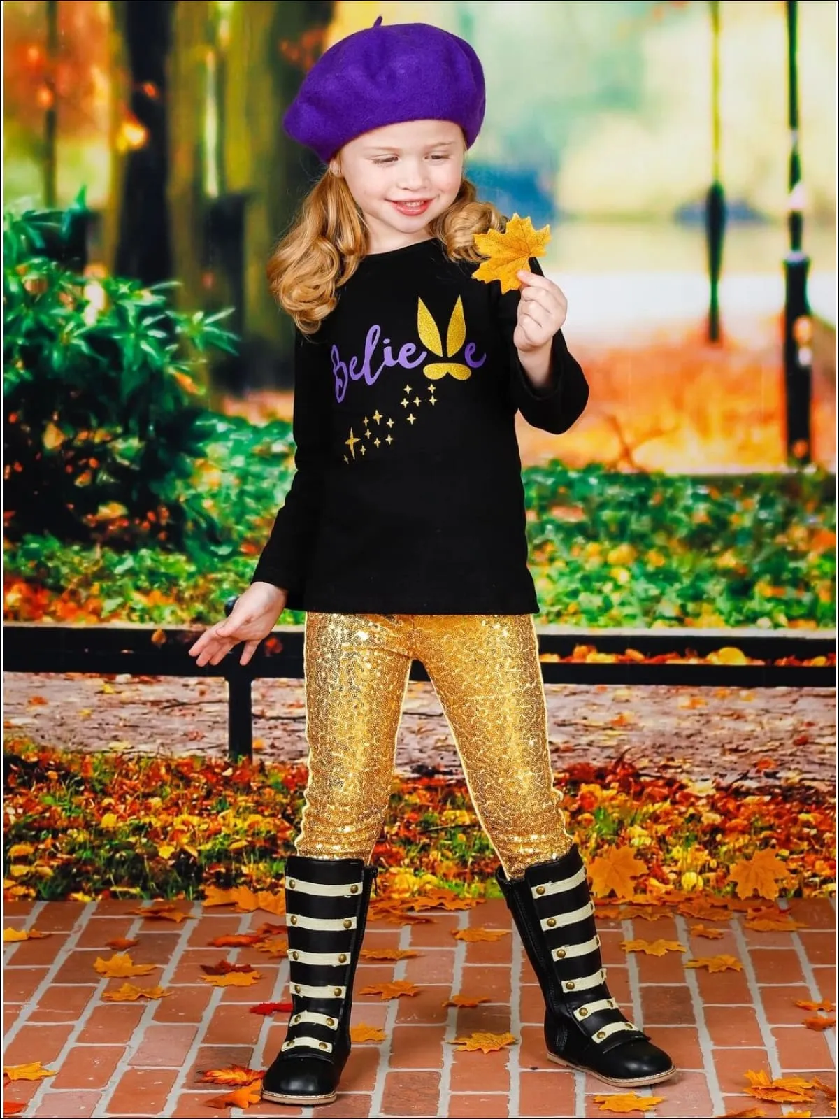 Girls "Believe" Bunny Long Sleeve Tunic And Sequin Legging Set