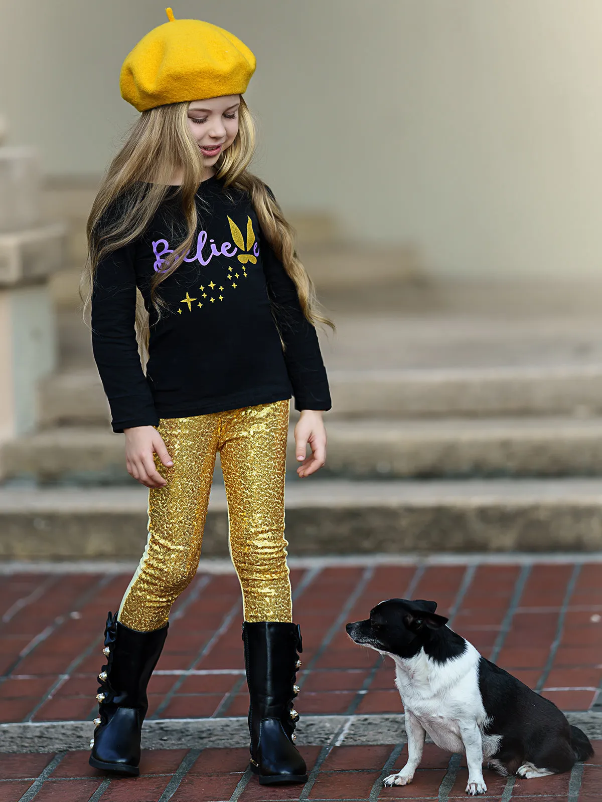 Girls "Believe" Bunny Long Sleeve Tunic And Sequin Legging Set