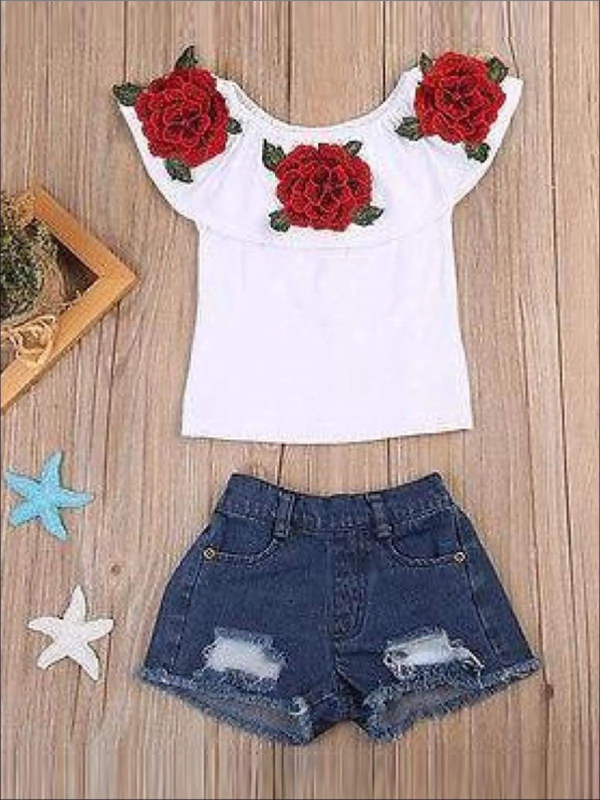 Girls Ruffled Flower Applique Tunic And Denim Short Set