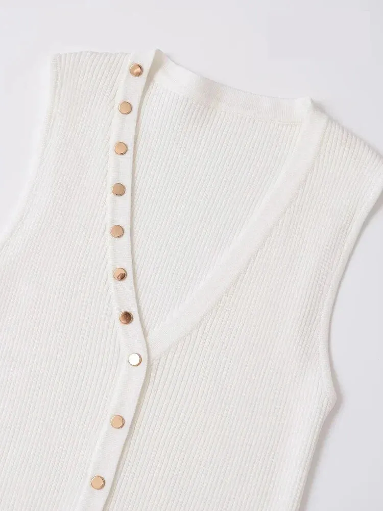 Gold Button Top Sleeveless Knitwear Business Casual Top