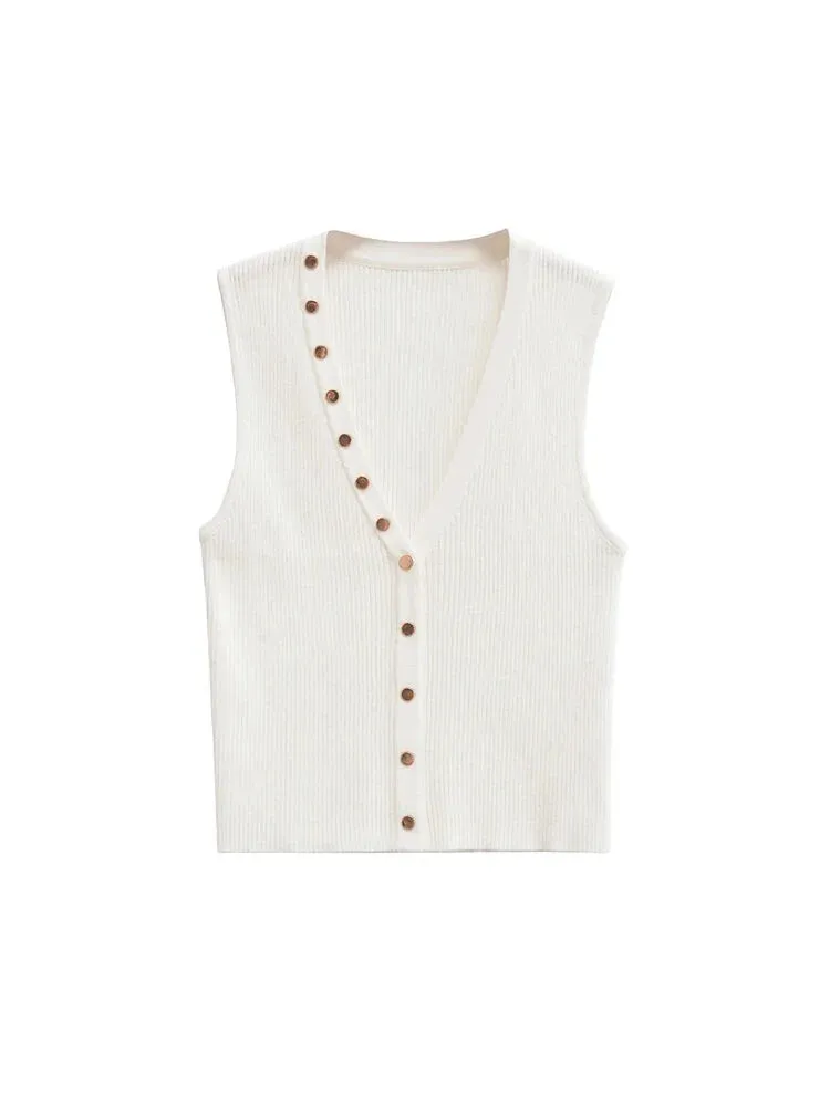 Gold Button Top Sleeveless Knitwear Business Casual Top