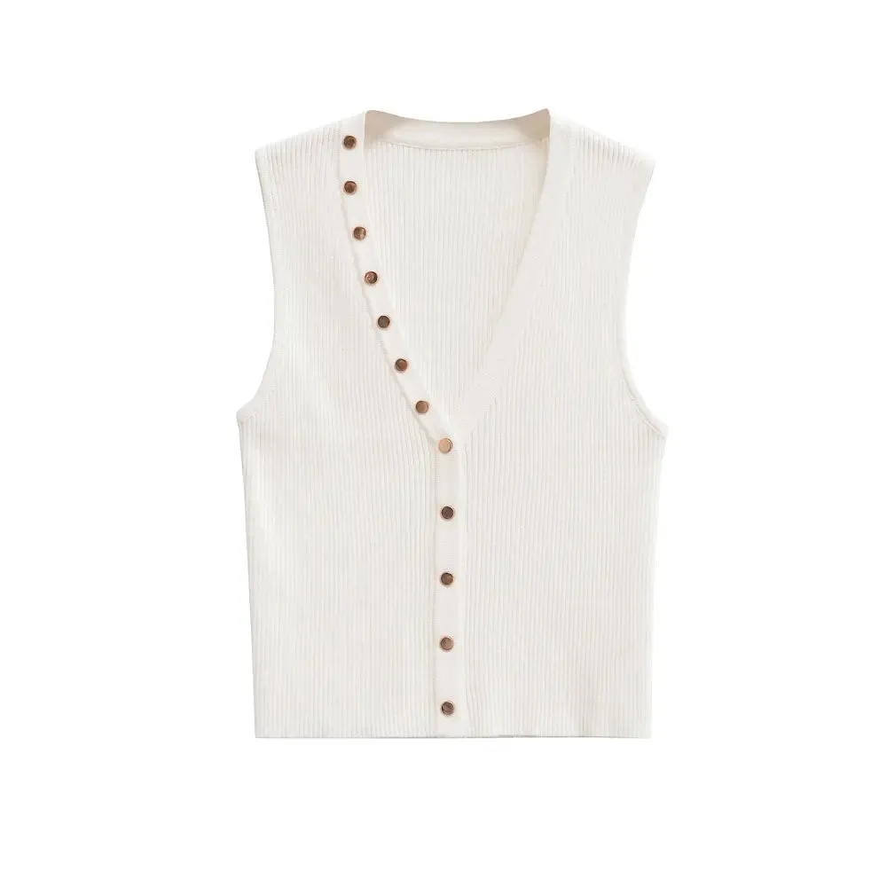 Gold Button Top Sleeveless Knitwear Business Casual Top