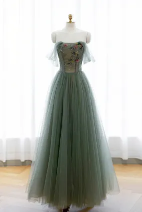 Gray Green Tulle Beaded Long Prom Dress, A-Line Evening Dress