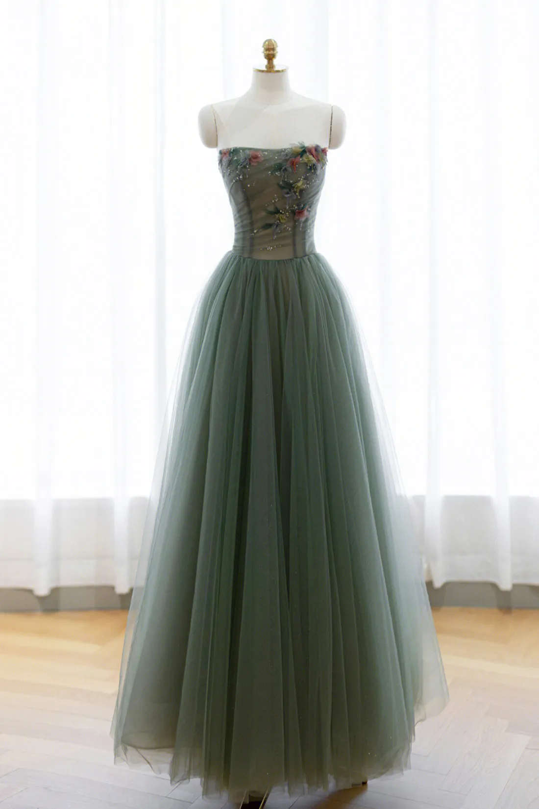 Gray Green Tulle Beaded Long Prom Dress, A-Line Evening Dress