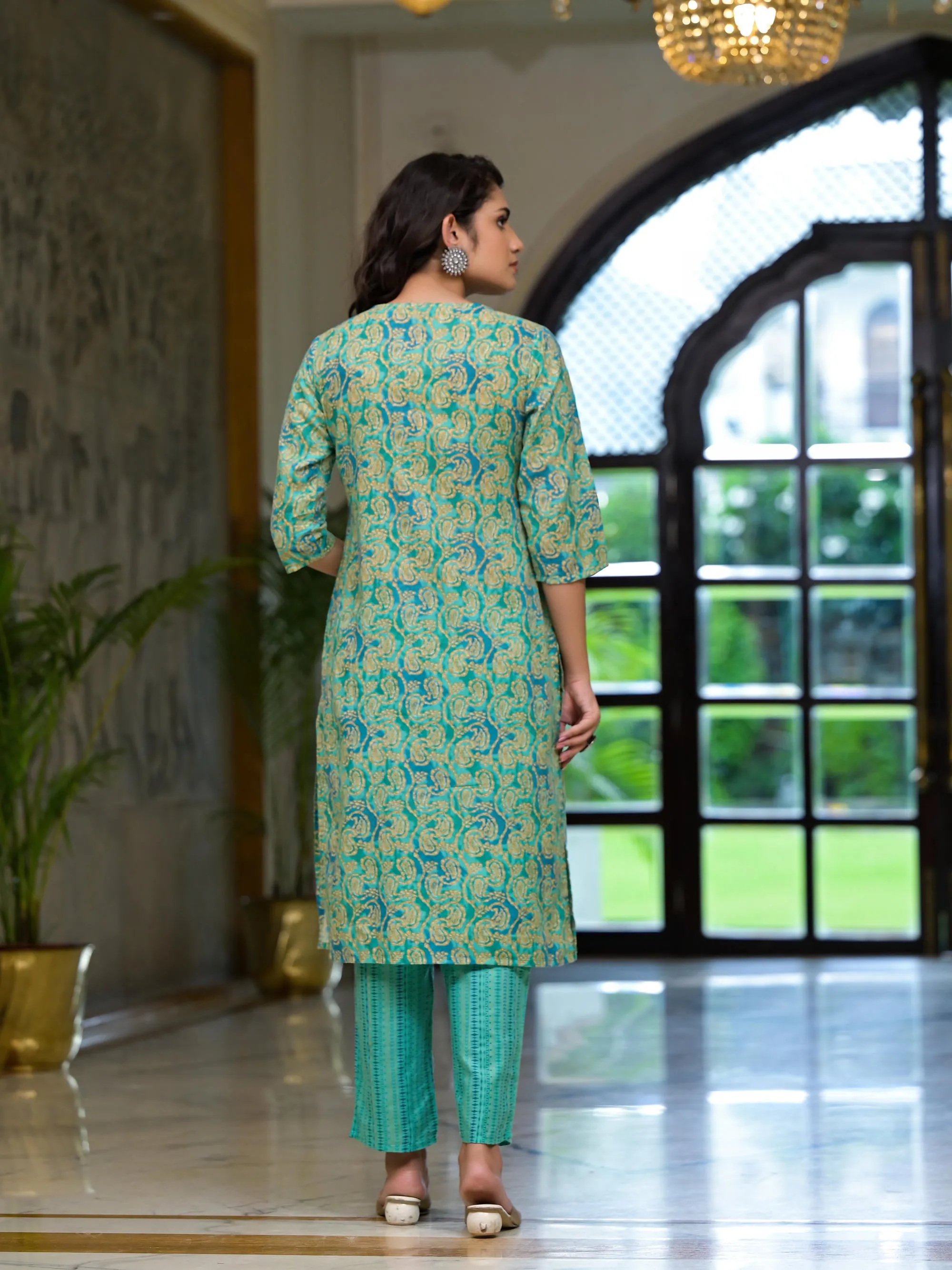 Green Ethnic Motif Printed Cotton Kurta Pant And Dupatta Set With Mirror Work & Sequins