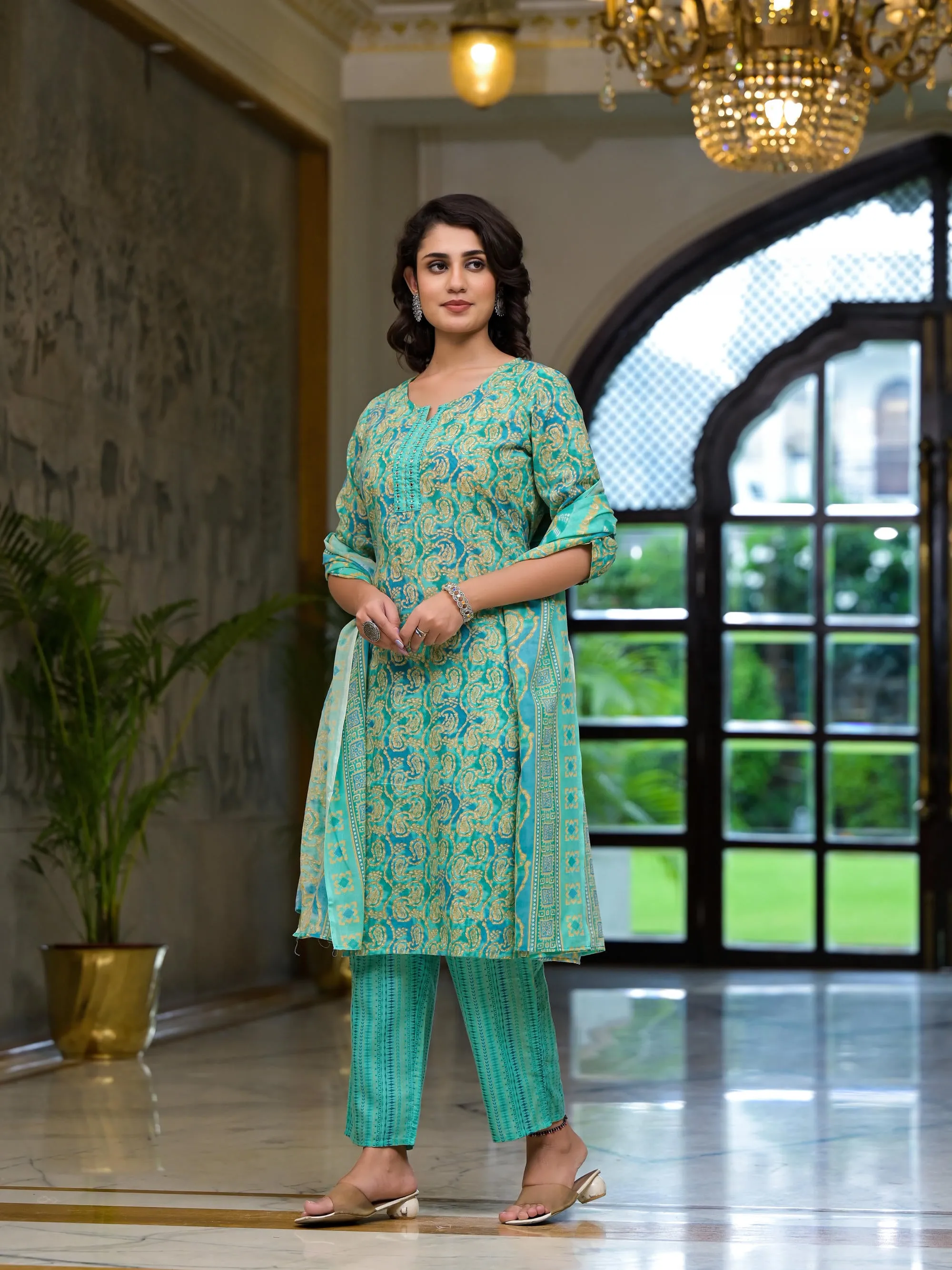 Green Ethnic Motif Printed Cotton Kurta Pant And Dupatta Set With Mirror Work & Sequins