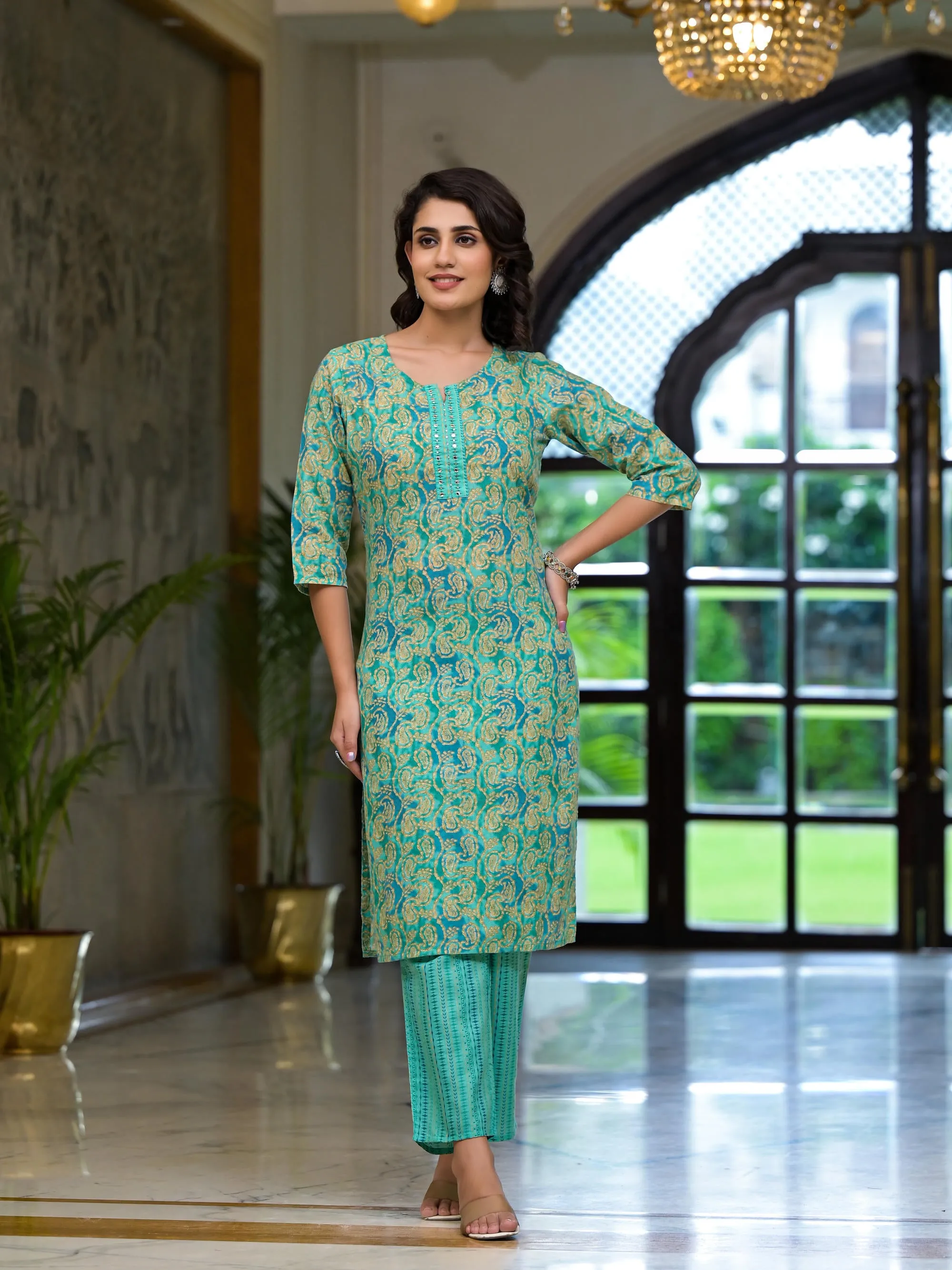 Green Ethnic Motif Printed Cotton Kurta Pant And Dupatta Set With Mirror Work & Sequins