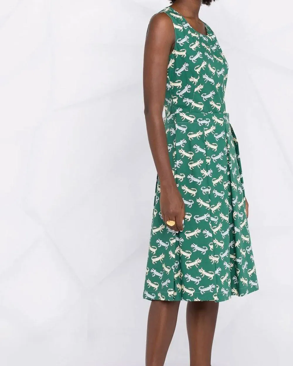 Green Graphic Feline Print A-line Midi Dress