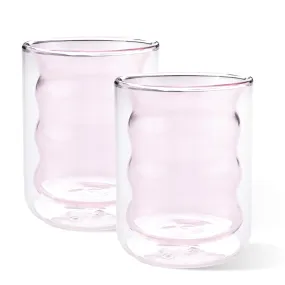 Heart Home 2 Pcs Waved Shape Glasses | Double Walled Borosilicate Glass | High Thermal Resistance | Microwave & Dishwasher Safe | 200 ML | Pack of 1 | Pink