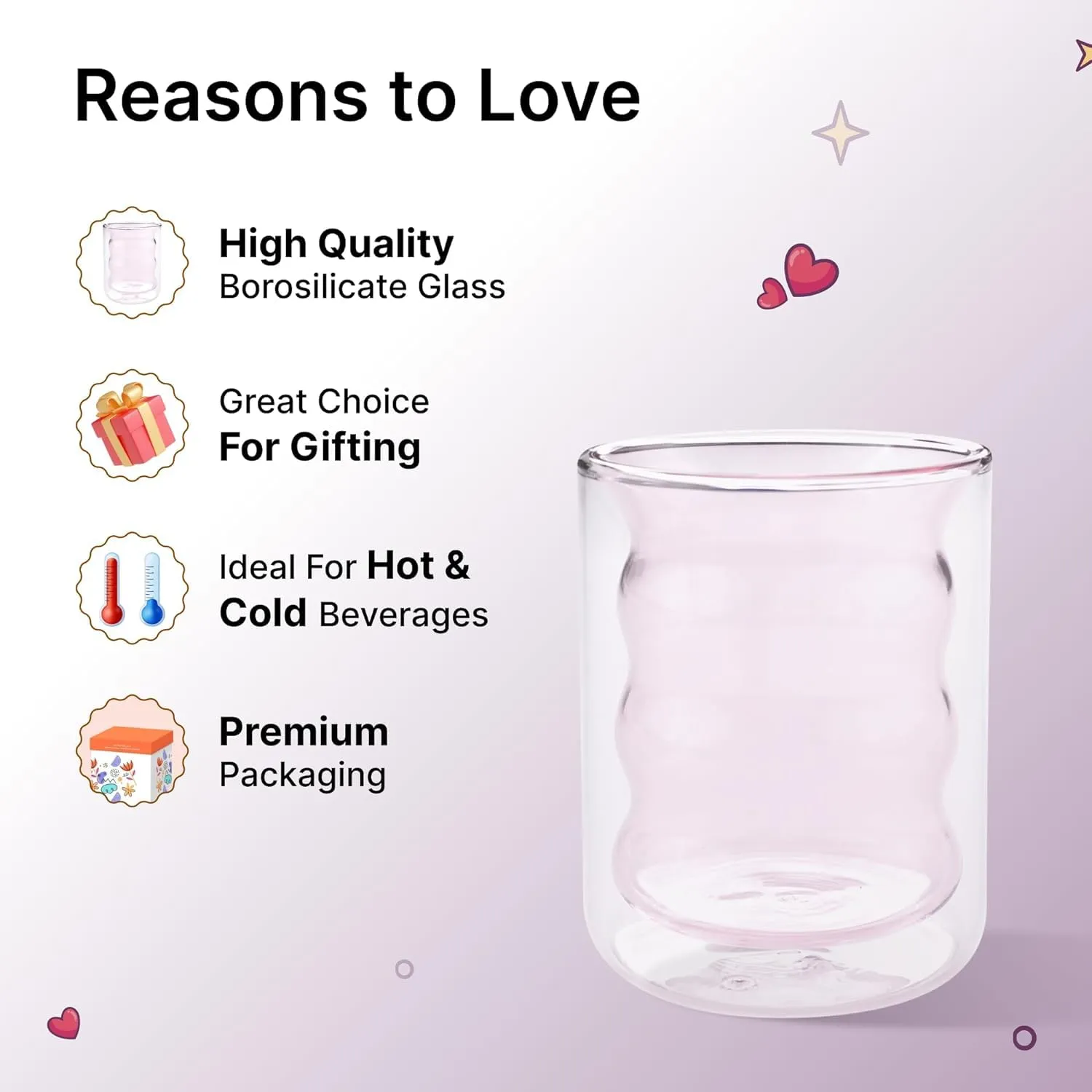 Heart Home 2 Pcs Waved Shape Glasses | Double Walled Borosilicate Glass | High Thermal Resistance | Microwave & Dishwasher Safe | 200 ML | Pack of 1 | Pink