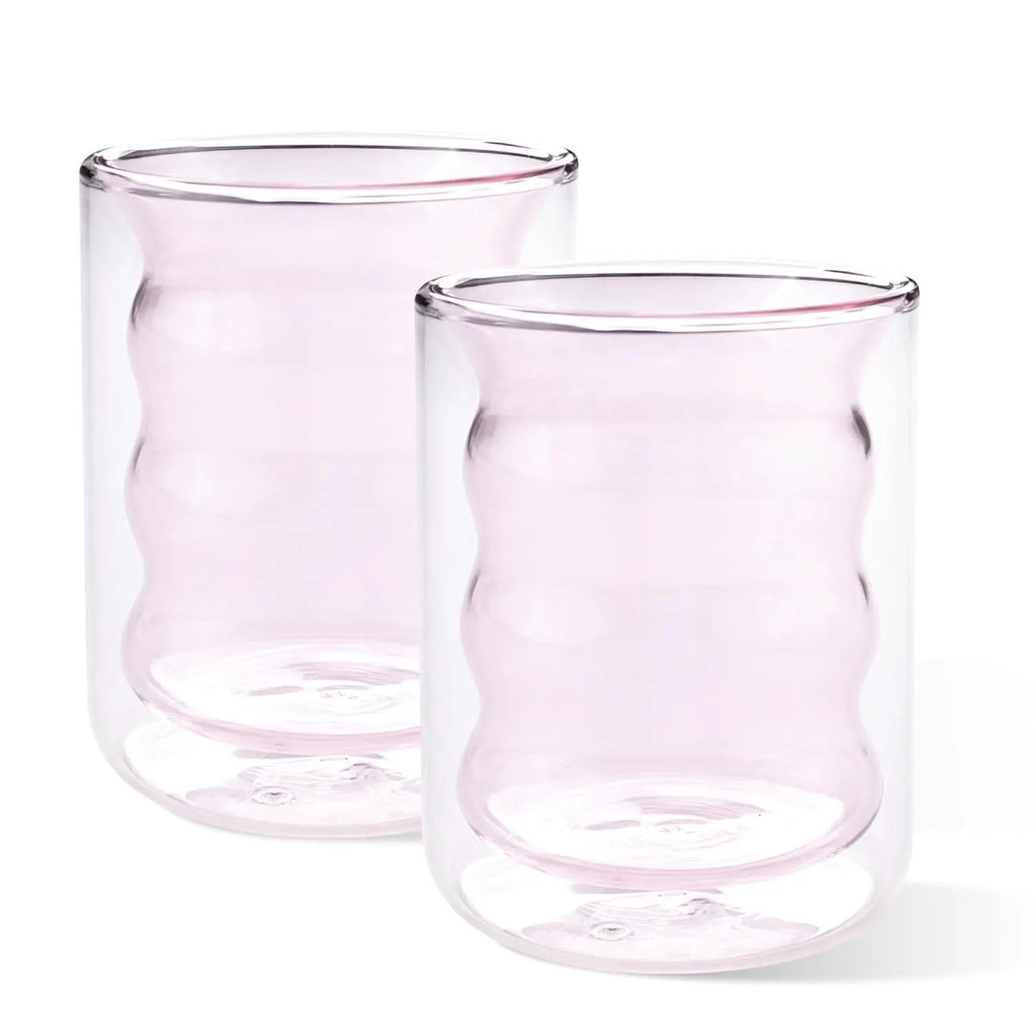 Heart Home 2 Pcs Waved Shape Glasses | Double Walled Borosilicate Glass | High Thermal Resistance | Microwave & Dishwasher Safe | 200 ML | Pack of 1 | Pink