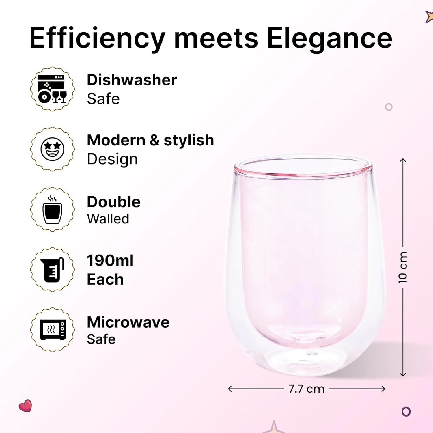 Homestic 2 Pcs Double Walled Borosilicate Glass | High Thermal Resistance | Microwave & Dishwasher Safe | 190 ML | Pack of 1 | Pink