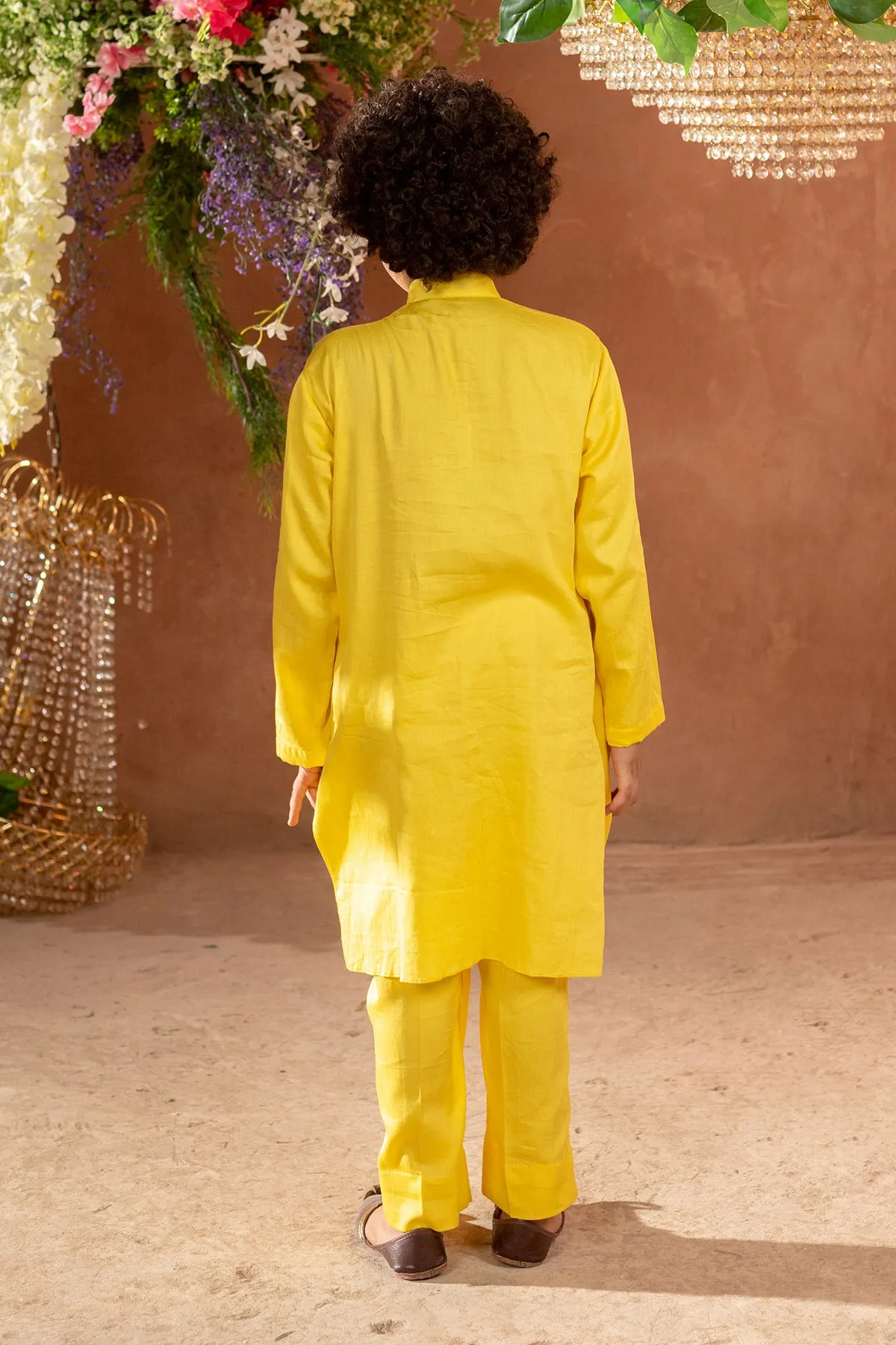 Hvar - 

Drape German  Satin Yellow Kurta Trouser