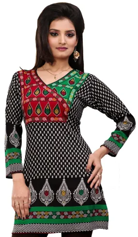 India Tunic Top Kurti Womens Printed Blouse Indian Apparel (Black)