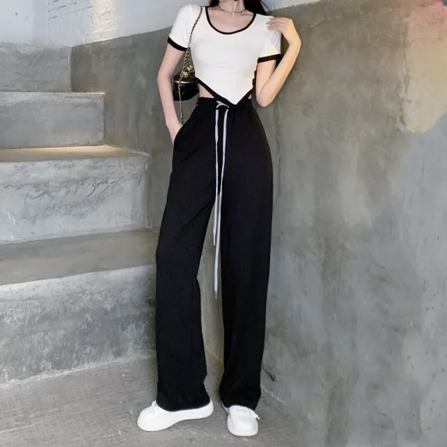 Irregular Short Sleeve T-Shirt High Waist Tie Pants Suit