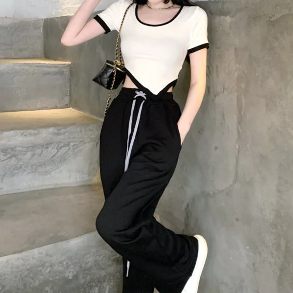 Irregular Short Sleeve T-Shirt High Waist Tie Pants Suit