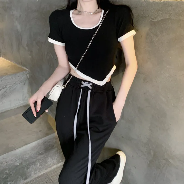 Irregular Short Sleeve T-Shirt High Waist Tie Pants Suit