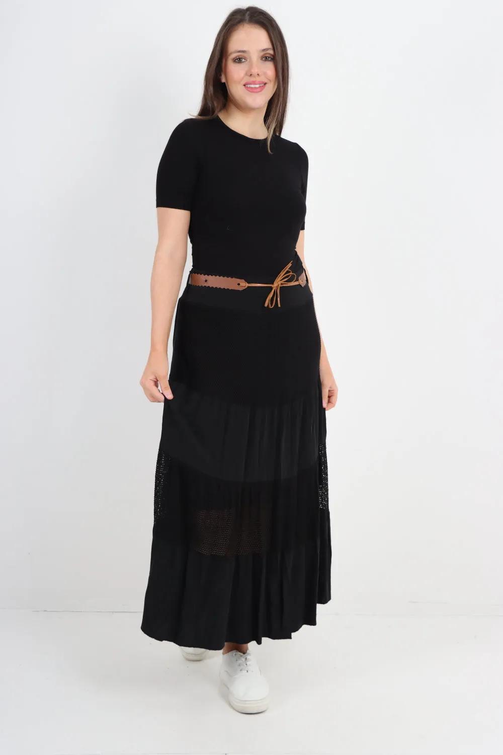 Italian Waist Belted Midi Length Tiered Skirt