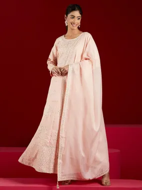 Jashvi Art Peach Embroidered Silk A-Line Kurta With Trousers & Dupatta