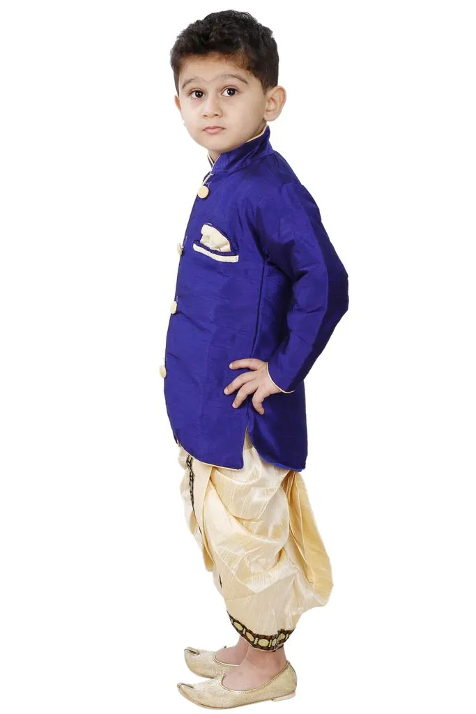 Jashvi Boys' Blue Cotton Silk Sherwani and Gold Dhoti Pants & Breedges Pants