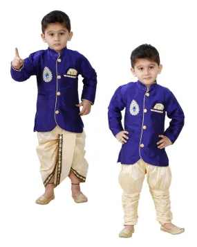 Jashvi Boys' Blue Cotton Silk Sherwani and Gold Dhoti Pants & Breedges Pants