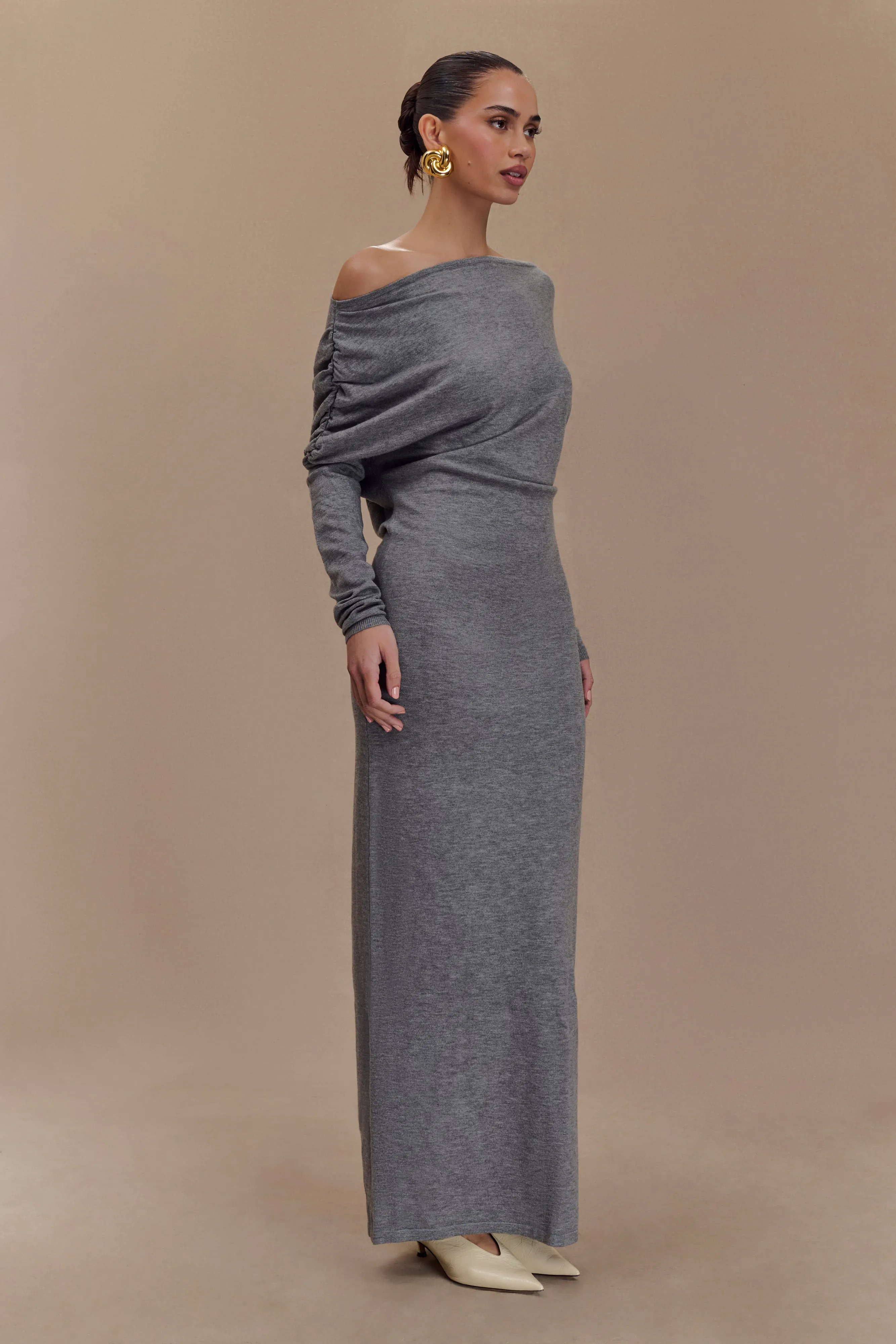 Jessie Cowl Neck Knit Midi Dress - Charcoal Marle