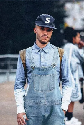 Kazuki Kuraishi-Men's denim backpack pants straight trendy work pants one-piece wide leg pants