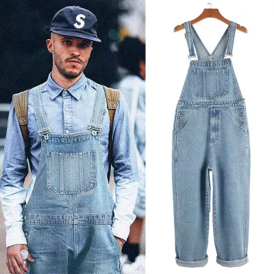 Kazuki Kuraishi-Men's denim backpack pants straight trendy work pants one-piece wide leg pants