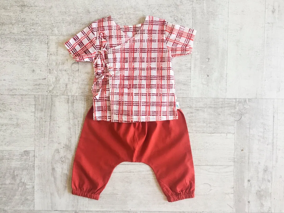 Kids Unisex Organic Cotton Checks Print Angarakha Top and Red Pants