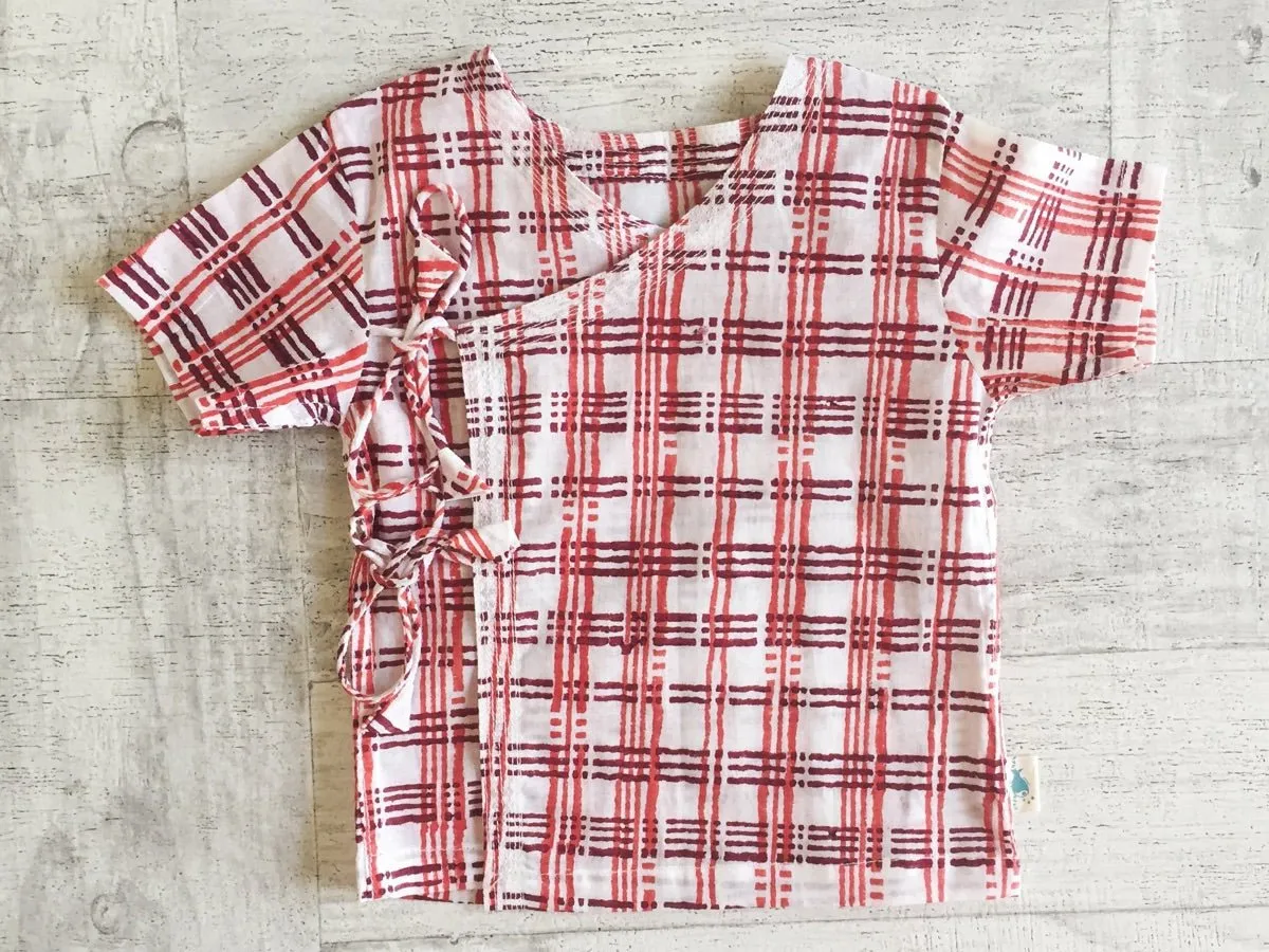 Kids Unisex Organic Cotton Checks Print Angarakha Top and Red Pants