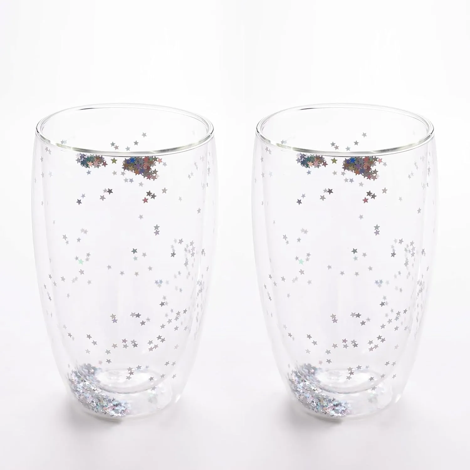 Kuber Industries 4 Pcs Star Sequin Glasses | Double Walled Borosilicate Glass | High Thermal Resistance | Microwave & Dishwasher Safe | 450 ML | Pack of 2 | Transparent