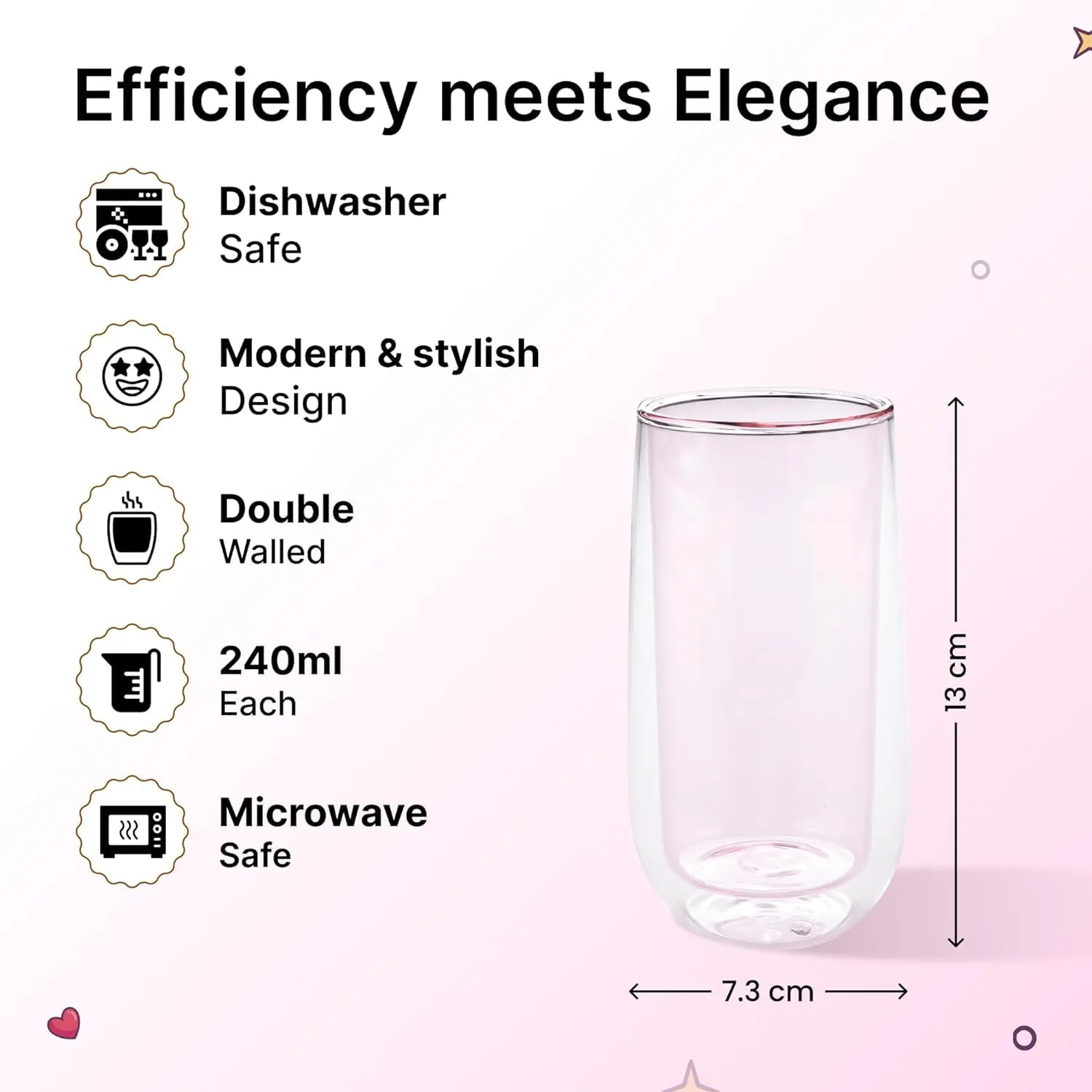 Kuber Industries 6 Pcs Double Walled Borosilicate Glass | High Thermal Resistance | Microwave & Dishwasher Safe | 240 ML | Pack of 3 | Pink