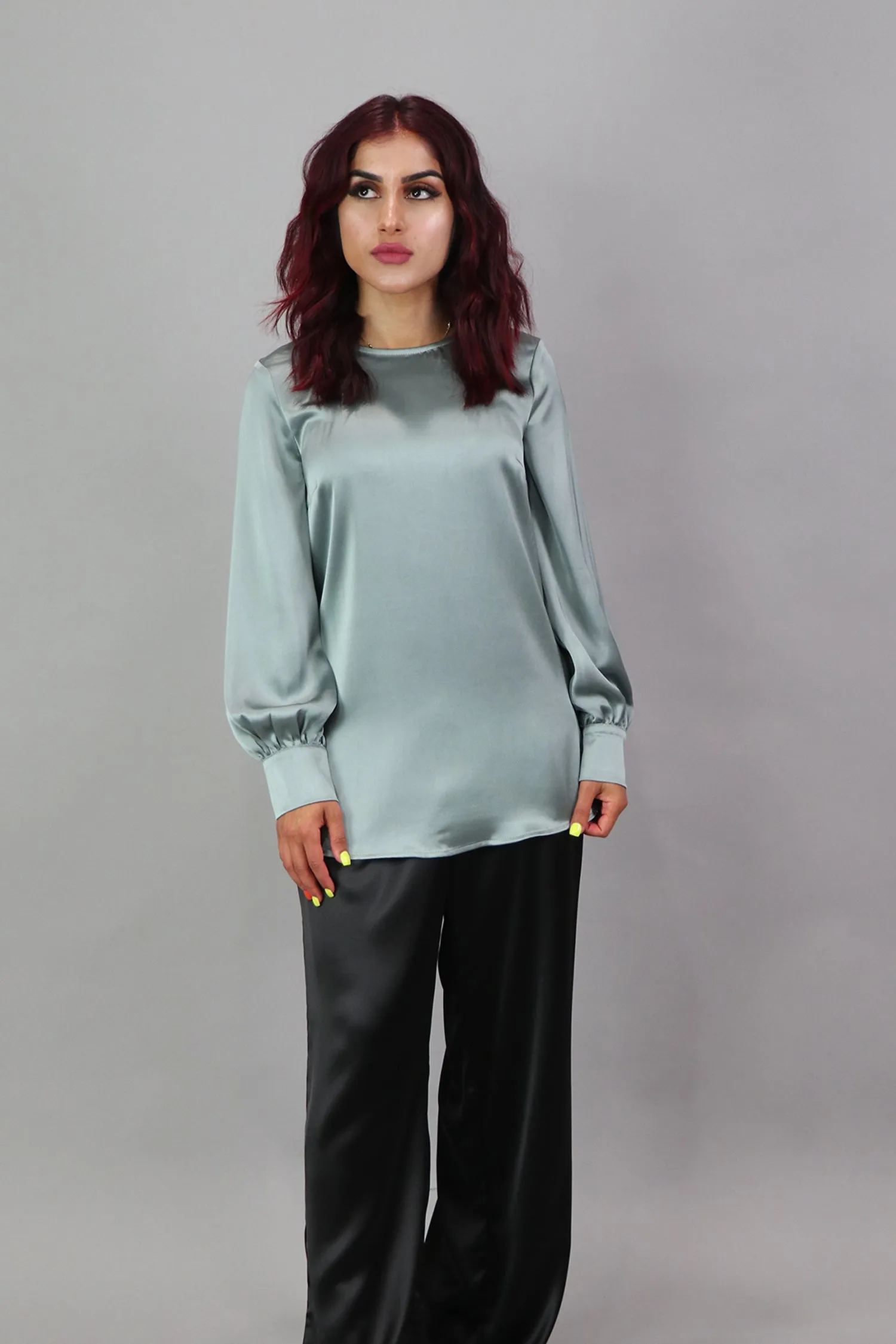 Lameera Satin Blouse - Mint Gray