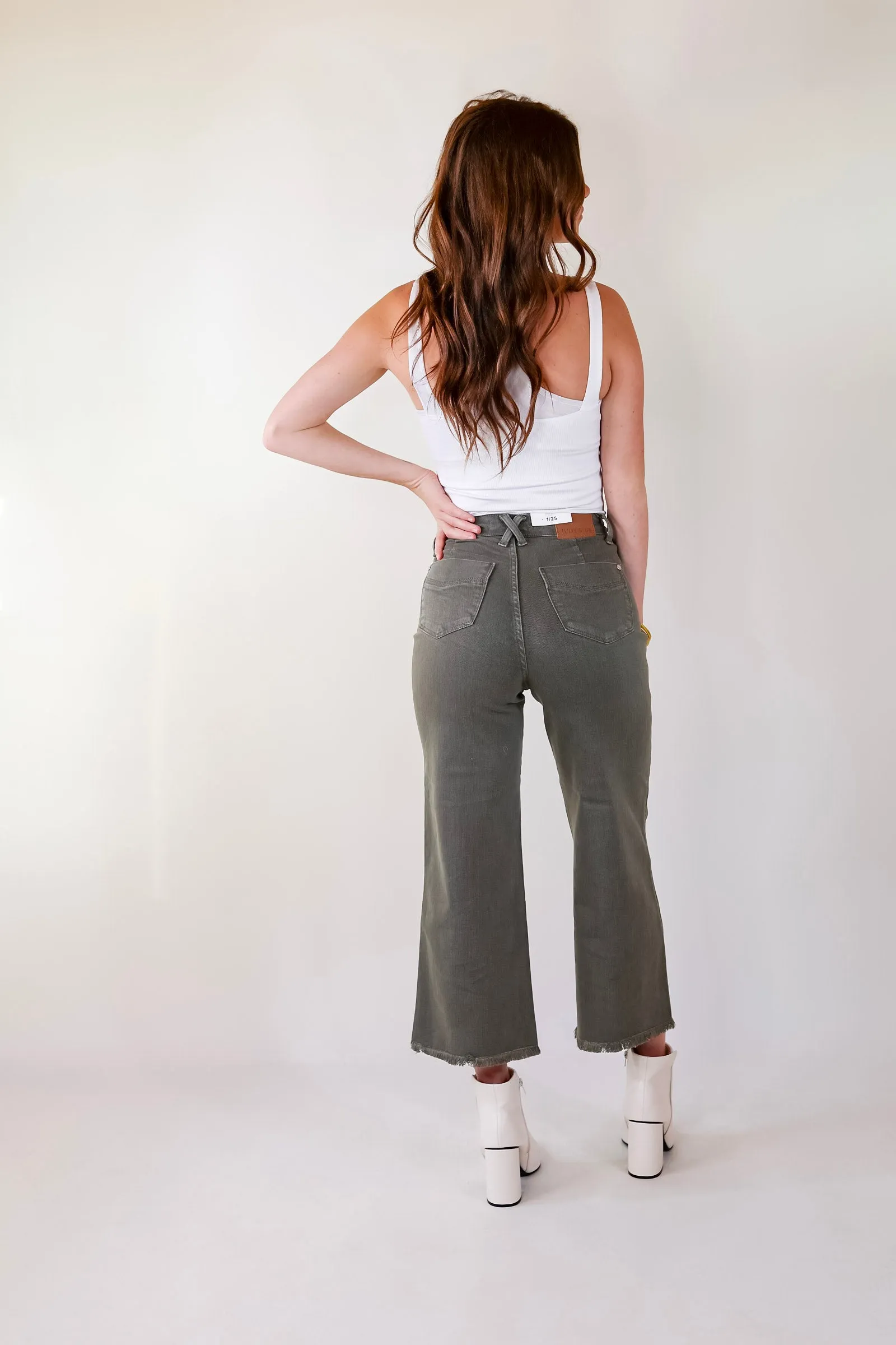 Last Chance Size 0 | Judy Blue | Sign Me Up Tummy Control Cropped Wide Leg Jeans in Olive Green