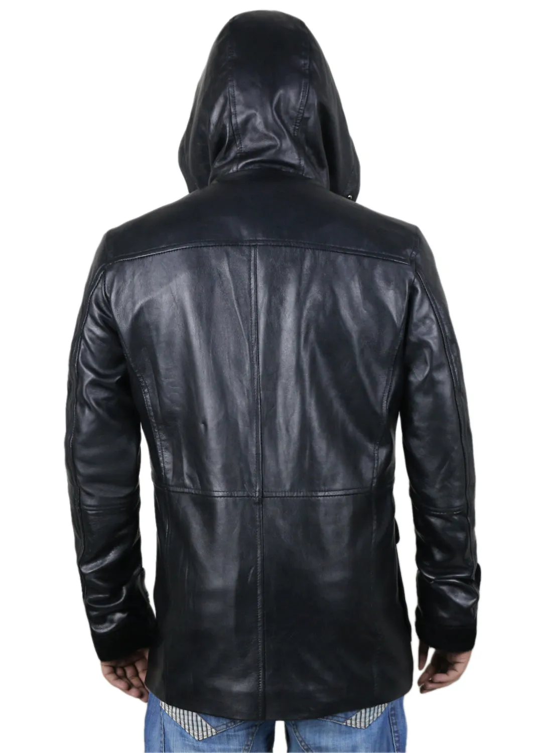 Leather Jackets Hub Mens Genuine Lambskin Leather Over Coat (Black, Hooded) - 1702026