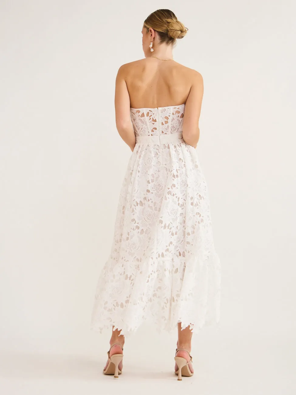 Leo Lin Emilia Lace Bustier Midi Dress in Snow