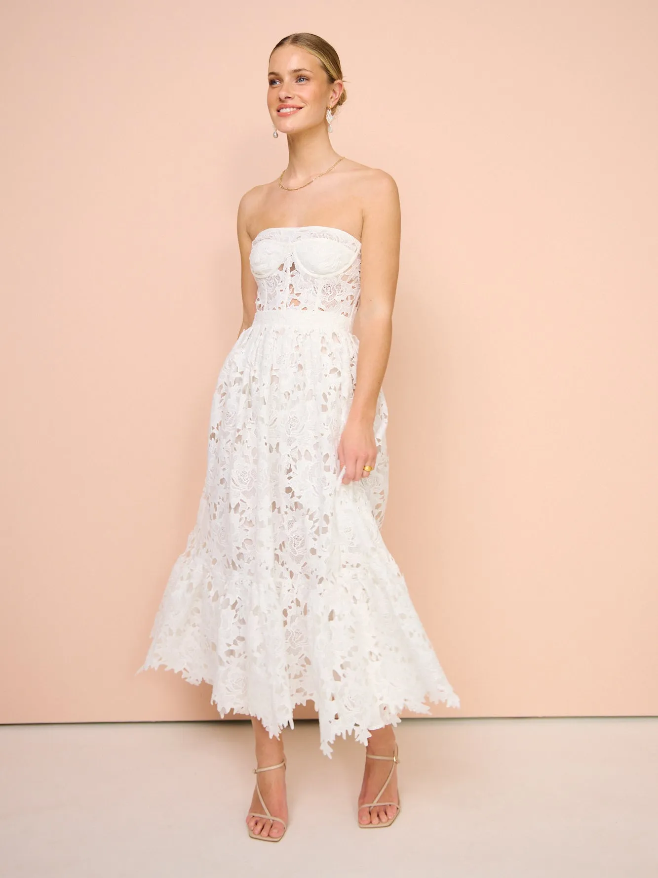 Leo Lin Emilia Lace Bustier Midi Dress in Snow