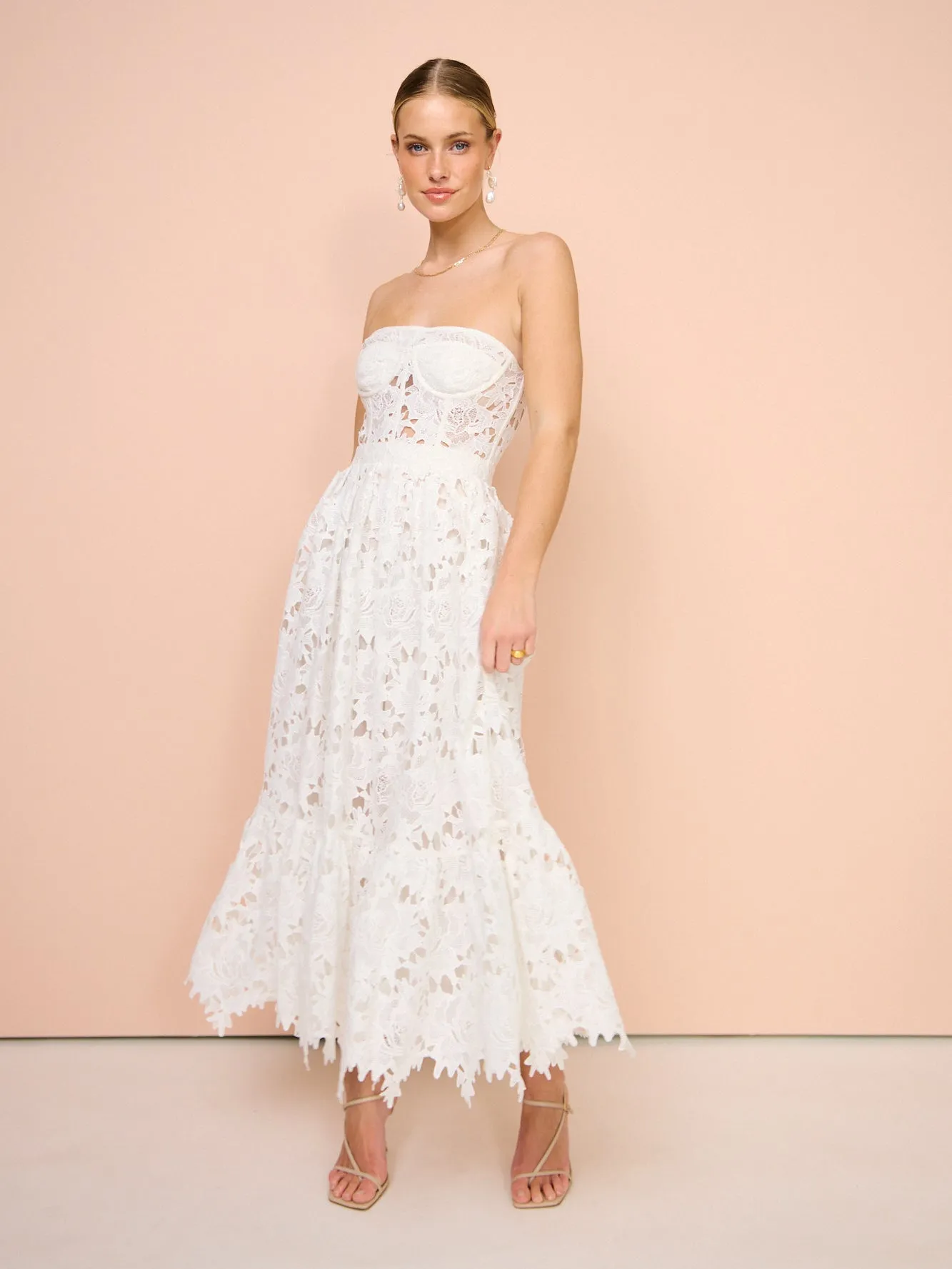 Leo Lin Emilia Lace Bustier Midi Dress in Snow