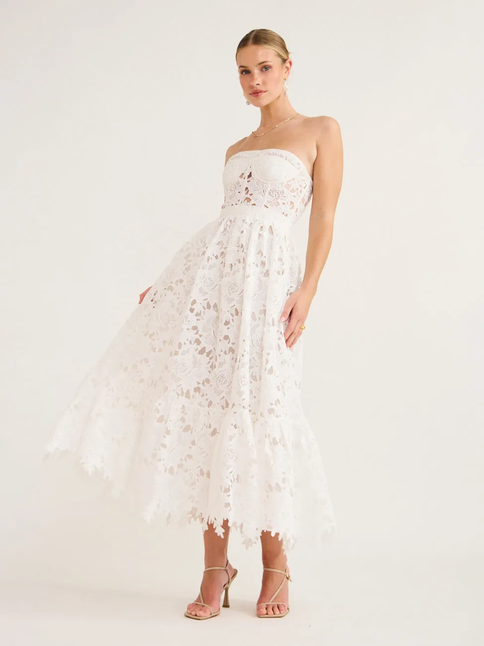 Leo Lin Emilia Lace Bustier Midi Dress in Snow