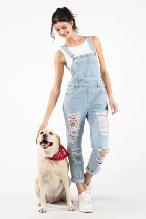 Light Blue Distressed Raw Edge Cuffed Hem Stretch Overall