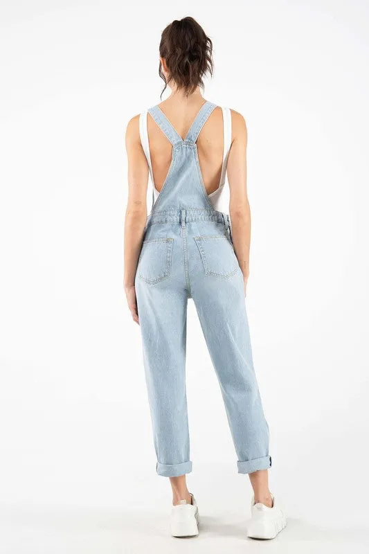 Light Blue Distressed Raw Edge Cuffed Hem Stretch Overall